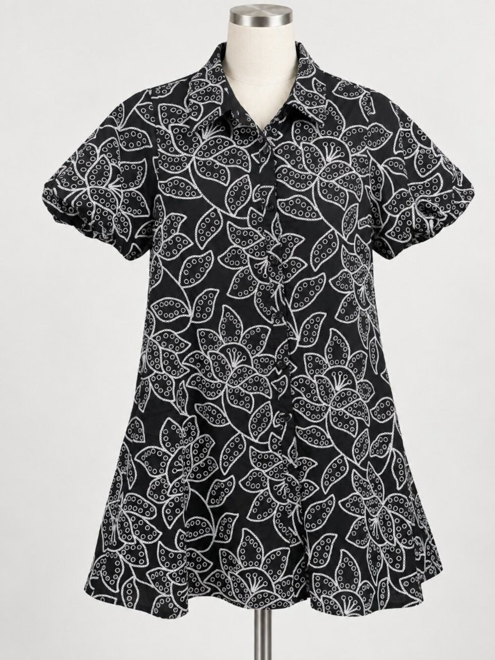 Sam Edelman Black White Floral Eyelet Embroidered Shirt Dress Women’s Size 8 Br
